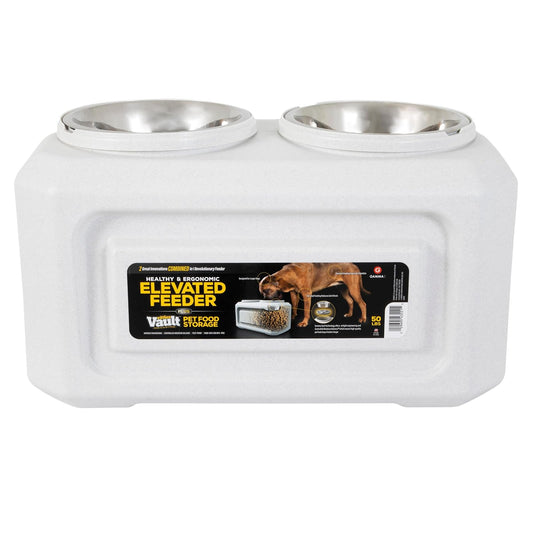 Gamma2 Vittles Vault - Alimentador Elevado para Perros con Almacenamiento, Fabricado en Estados Unidos, Plata, 50 Libras