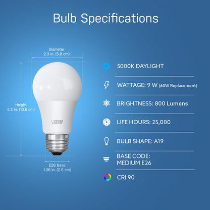 Feit Electric OM60/950CA/AG/3 60 W equivalente WiFi regulable, no requiere concentrador, Alexa o Google Assistant A19 LED Smart Light Bulb, 4.4" H x 2.4" D, 5000K luz de día, 3 piezas