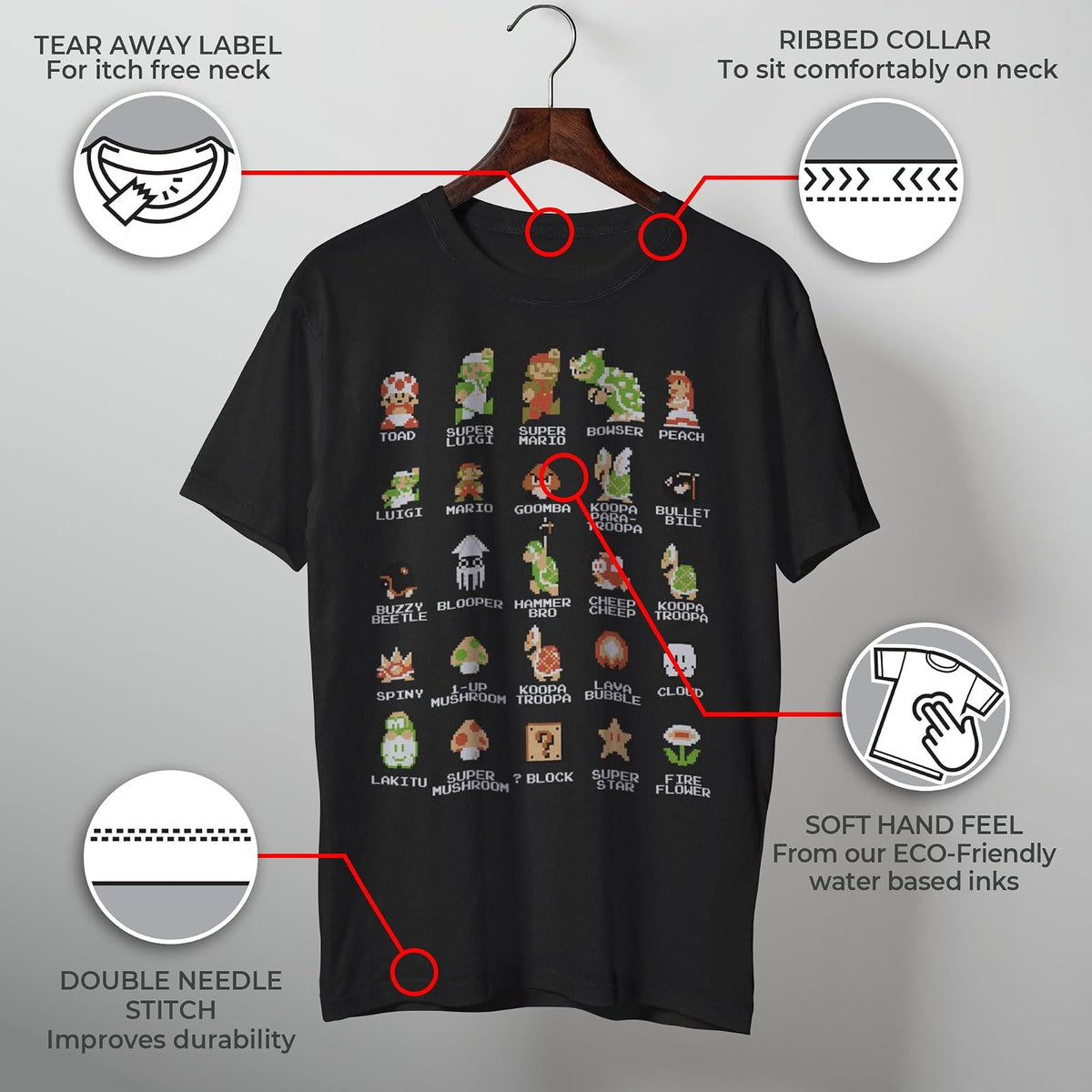 Nintendo Playera Pixel Cast Camiseta para para Hombre