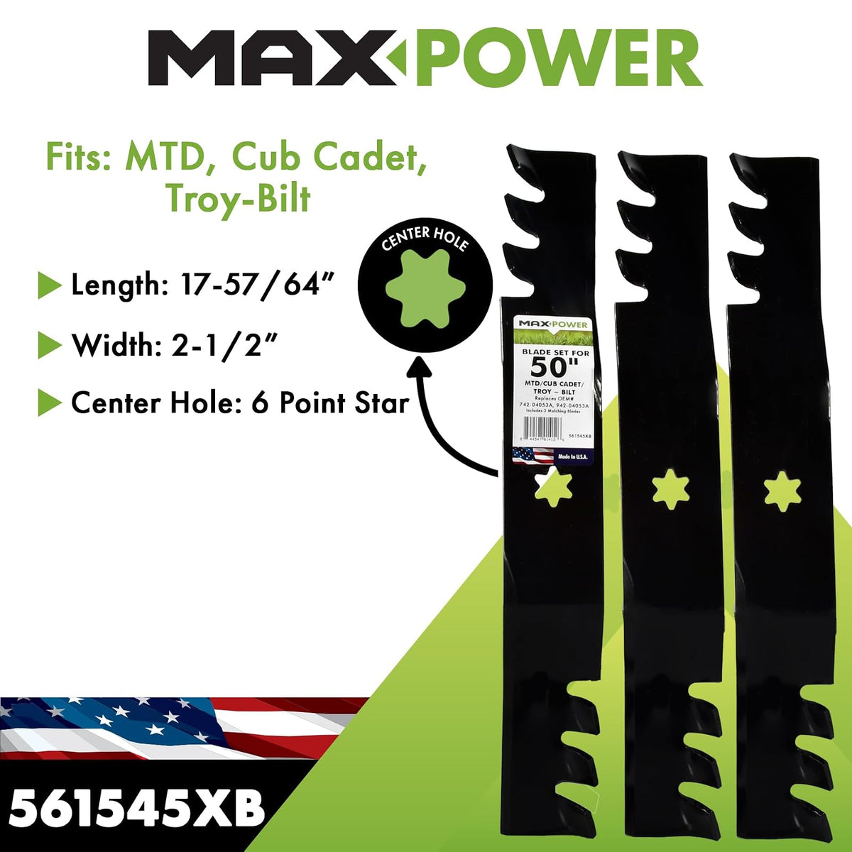 MaxPower 561545X Commercial Mulching 3-Blade Set to Replace MTD/Cub Cadet/Troy-Bilt 742-04053, 742-04053A, 942-04053-X, 942-04053A, and Many Others