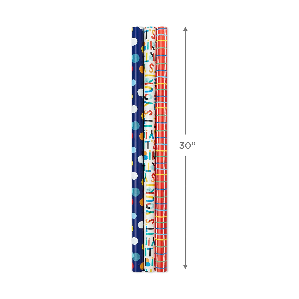 Hallmark - Paquete de papel de regalo de cumpleaños con líneas cortadas en el reverso (paquete de 3: 55 m2) pies ttl.) Estampados y patrones y holográficos en rojo, azul, amarillo, blanco y