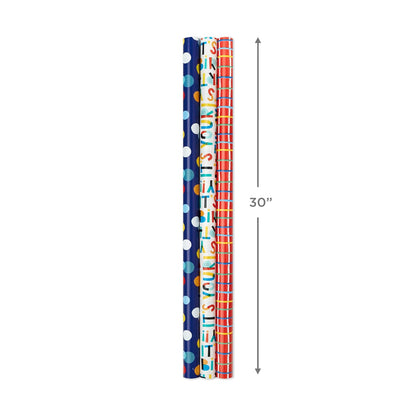 Hallmark - Paquete de papel de regalo de cumpleaños con líneas cortadas en el reverso (paquete de 3: 55 m2) pies ttl.) Estampados y patrones y holográficos en rojo, azul, amarillo, blanco y