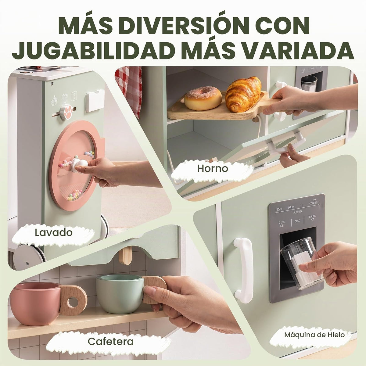 ROBUD Juego de Cocina de Madera para niños pequeños, Juego de Cocina con Parrilla para Barbacoa, máquina de Hielo, máquina de café y Accesorios, Regalo de Cocina de Juguete con Luces y Sonidos para