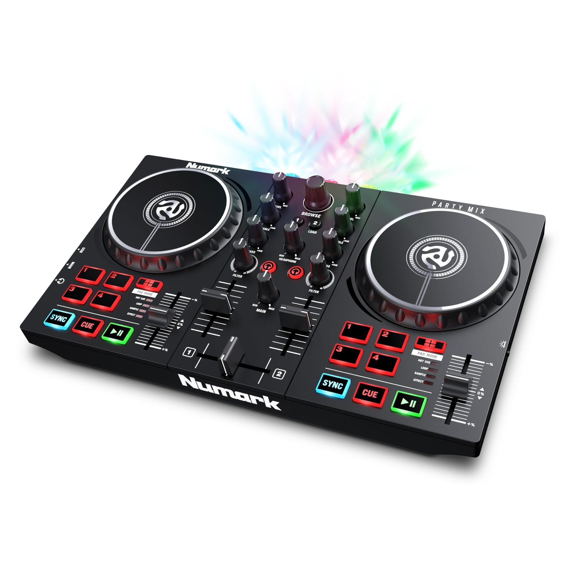 Numark Party Mix II - Controlador DJ con 2 decks y luces integradas, interfaz de audio, mezcladora DJ para Serato DJ Lite y Algoriddim djay Pro AI
