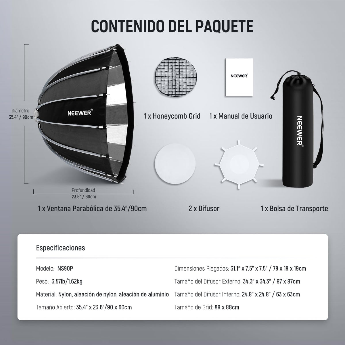 NEEWER 90cm Parabólico Softbox Bowens Mount, Liberación Rápida con Difusores/Grid/Bolsa para Iluminación Continua Video Compatible con Godox, NS90P
