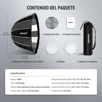 NEEWER 90cm Parabólico Softbox Bowens Mount, Liberación Rápida con Difusores/Grid/Bolsa para Iluminación Continua Video Compatible con Godox, NS90P