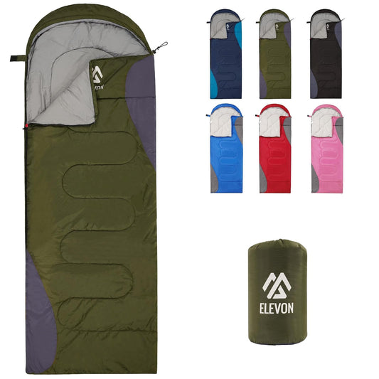 Elevon - Saco de Dormir para Adultos, Adolescentes, niños, Clima frío y cálido, portátil, Impermeable y Ligero, Compacto con Saco de compresión, para 3 a 4 Estaciones de Camping, mochileros,