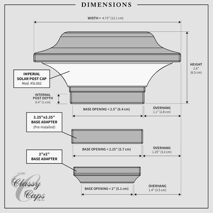 Classy Caps SLO82W - Tapa de poste solar imperial - Se adapta a postes de 2 x 2 pulgadas, 2.25 x 2.25 pulgadas, 2.5 x 2.5 pulgadas, aluminio recubierto de polvo blanco