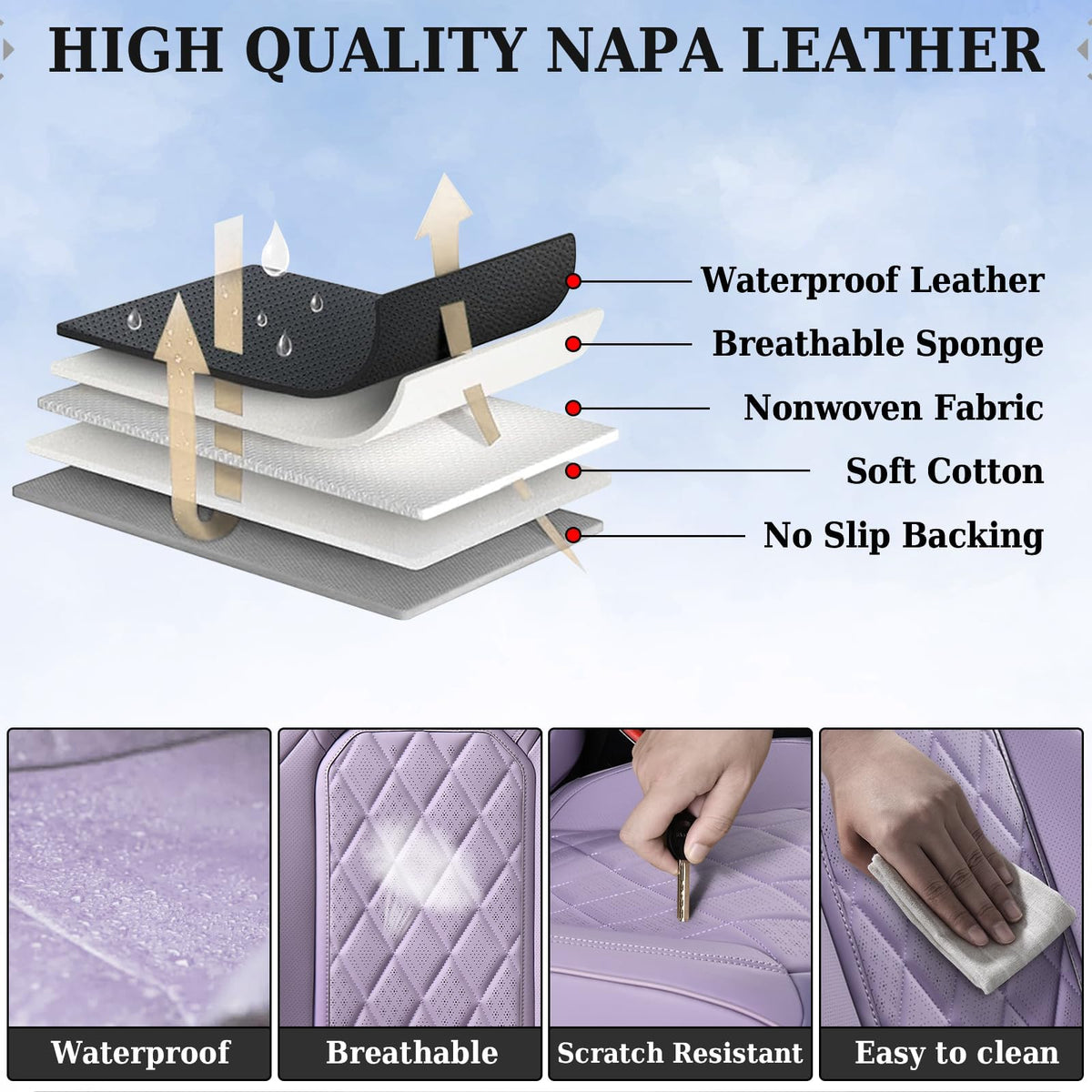 Coverado Juego completo de fundas de asiento de automóvil, fundas de asiento de piel morado para automóviles, protector de asiento delantero y trasero, funda universal impermeable para asiento de automóvil, fundas