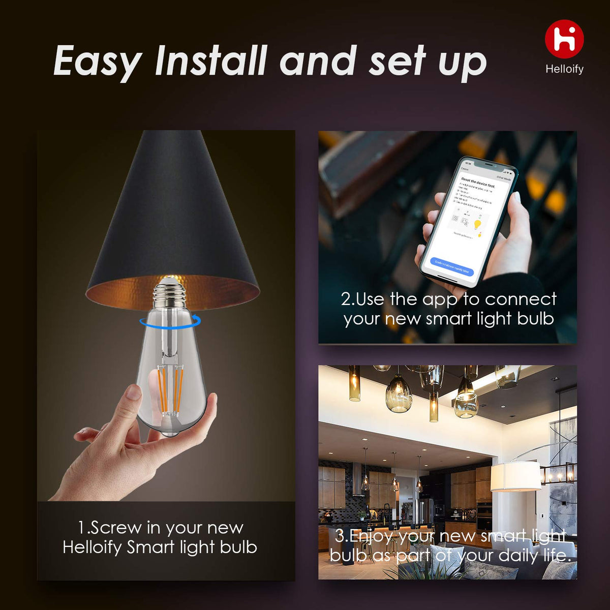 Helloify Edison ST19 (ST64) Bombilla LED inteligente WiFi, estilo vintage, cambio blanco sintonizable, funciona con Alexa Google Home (sin hub), E26, 2700K-6500K, 2 unidades, luz blanca