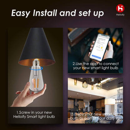Helloify Edison ST19 (ST64) Bombilla LED inteligente WiFi, estilo vintage, cambio blanco sintonizable, funciona con Alexa Google Home (sin hub), E26, 2700K-6500K, 2 unidades, luz blanca