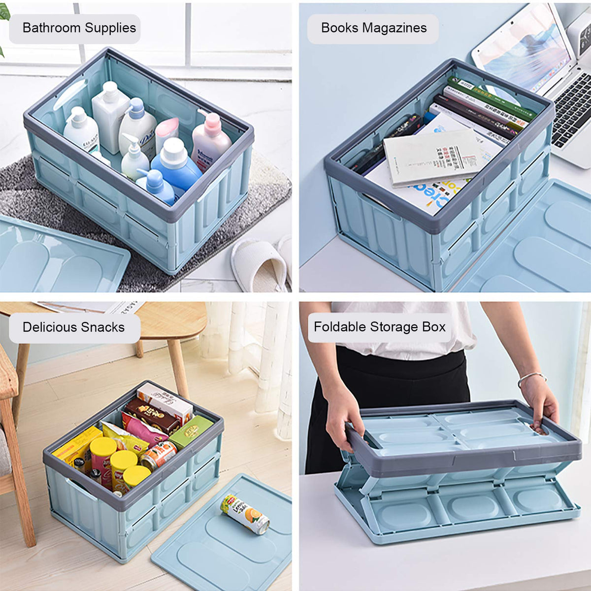 Contenedores de almacenamiento con tapa, paquete de 2 cajas de almacenamiento plegables de 30 litros, cajas de almacenamiento apilables plegables para ropa, juguetes, color azul