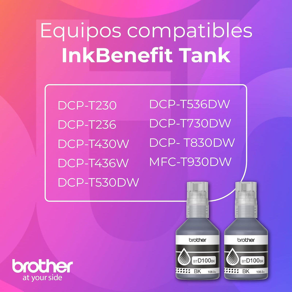 Brother Kit Botellas Tinta Negras InkBenefit Tank para Recarga BTD100BK2PK | Ultra Rendimiento 7,500 Páginas c/u, Original para multifuncionales InkBenefit Tank, Botellas Antiderrame