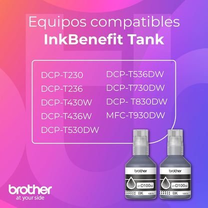 Brother Kit Botellas Tinta Negras InkBenefit Tank para Recarga BTD100BK2PK | Ultra Rendimiento 7,500 Páginas c/u, Original para multifuncionales InkBenefit Tank, Botellas Antiderrame