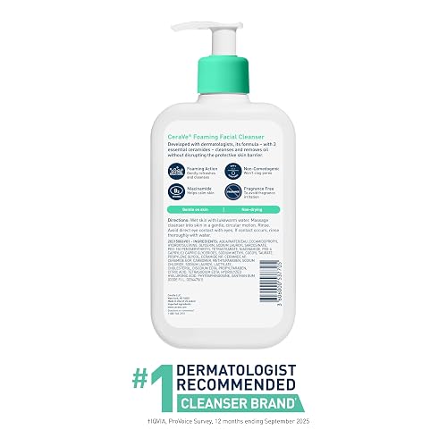 Limpiador facial de espuma CeraVe para el lavado diario de la cara, CeraVe Foaming Facial Cleanser | 16 Ounce | Daily Face Wash for Normal to Oily Skin | Paraben & Fragrance Free, 16 Fl. Oz