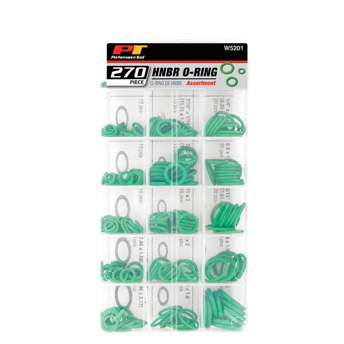 Performance Tool Anillos O Métricos W5201, 270 Piezas, Verde | Surtido de kit de sellos de reparación automotriz y herramientas. Nitrilo butadieno hidrogenado. Resistente a productos