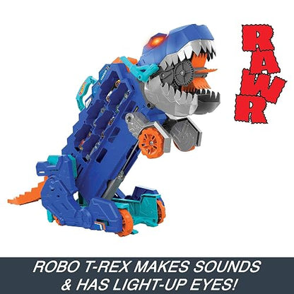 Hot Wheels Pista City Súper Remolque T-Rex con Luces y 2 Autos Incluidos para Niños de 4 Años