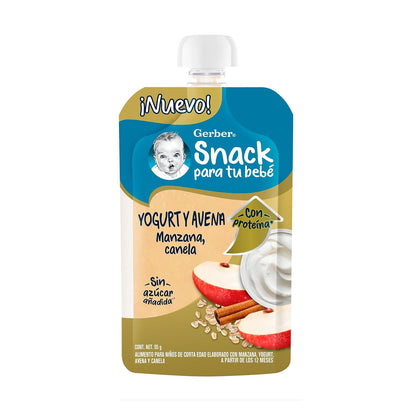 Gerber Snack Para Bebé, A Partir de los 12 Meses, Con Proteína y Sin Azúcar Añadida, Manzana Canela con Yogurt y Avena, Caja con 12 Pouches de 95 g c/u