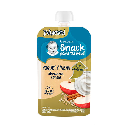 Gerber Snack Para Bebé, A Partir de los 12 Meses, Con Proteína y Sin Azúcar Añadida, Manzana Canela con Yogurt y Avena, Caja con 12 Pouches de 95 g c/u