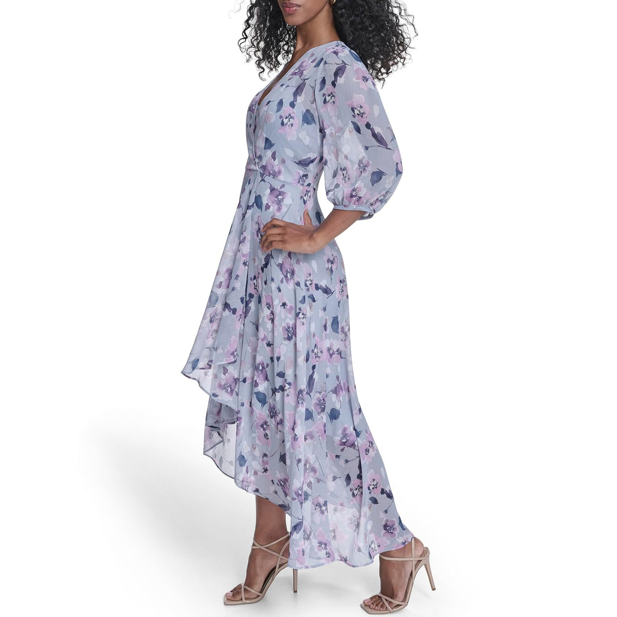 Calvin Klein Chiffon Puff Sleeve Wrap Vneck Dress Vestido Mujer