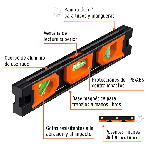 Truper NTX-9, Nivel torpedo magnético, cuerpo de aluminio, 10" largo