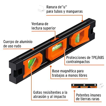 Truper NTX-9, Nivel torpedo magnético, cuerpo de aluminio, 10" largo