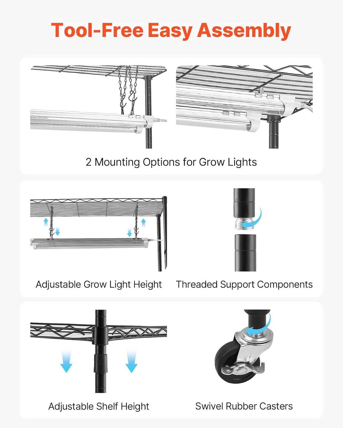 VEVOR Estante para plantas DIY con luces de cultivo, soporte para plantas de interior de 180 cm de alto con ruedas, luces de cultivo de espectro completo de 192 W y 5000 K, soporte para macetas
