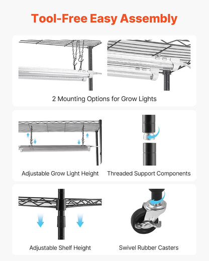 VEVOR Estante para plantas DIY con luces de cultivo, soporte para plantas de interior de 180 cm de alto con ruedas, luces de cultivo de espectro completo de 192 W y 5000 K, soporte para macetas