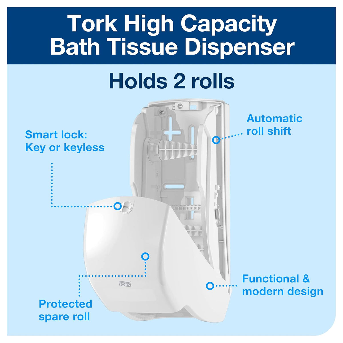 Tork 555620 - Dispensador de Rollo de Papel higiénico Doble T26, Alta Capacidad, Rango de elevación, 6.5 x 6.3 x 14.2 Pulgadas