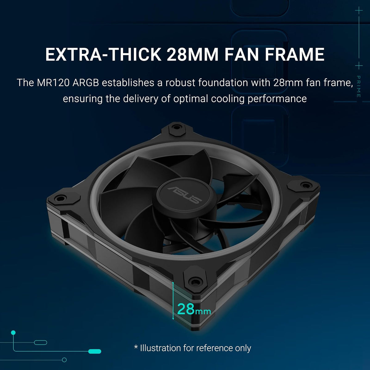 ASUS Prime MR120 ARGB - Ventilador negro triple paquete, marco extra grueso de 28 mm, refrigeración silenciosa de alto rendimiento con control PWM, 20 LED ARGB con iluminación de marco de doble cara