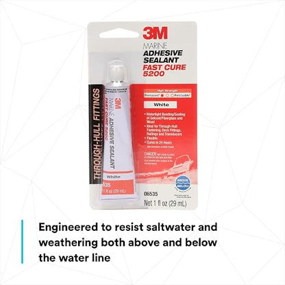 3M Marine Adhesive Sealant Fast Cure 5200 (05220) Unión permanente y sellado para barcos y vehículos recreativos por encima y por debajo de la línea de flotación, reparación impermeable, blanco, tubo