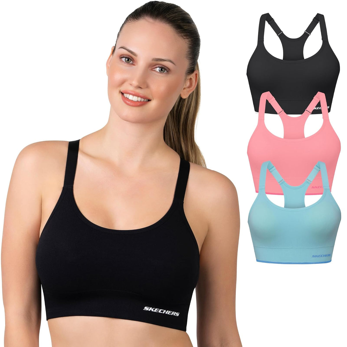 Skechers - Pack de 3 Sujetadores Deportivos para Mujer, Sostén Deportivo, Espalda Cruzada, atlética, Yoga, Paquete múltiple