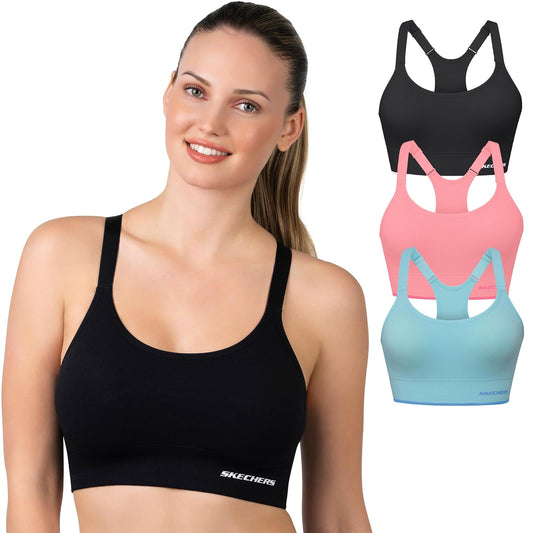 Skechers - Pack de 3 Sujetadores Deportivos para Mujer, Sostén Deportivo, Espalda Cruzada, atlética, Yoga, Paquete múltiple