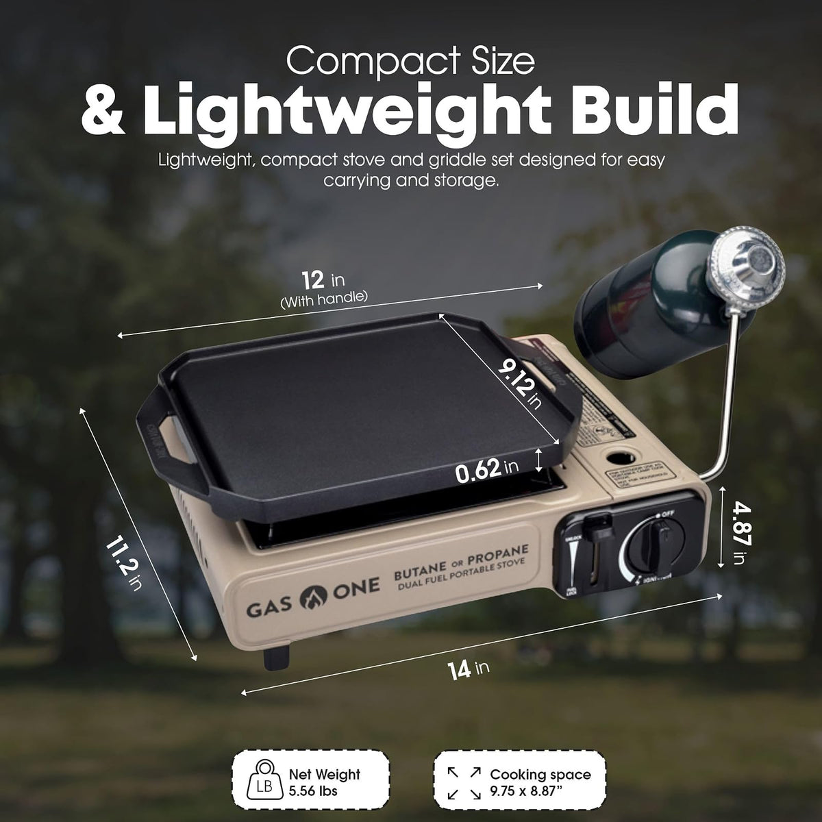 GasOne GS-3400P-KIT Estufa de gas propano o butano con plancha superior plana incluida, quemadores de estufa de doble combustible para cocinar para camping, cocina, aluminio fundido a presión con