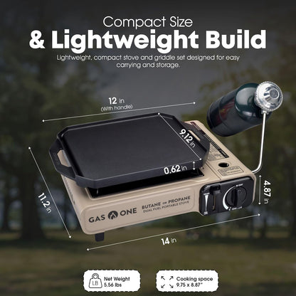 GasOne GS-3400P-KIT Estufa de gas propano o butano con plancha superior plana incluida, quemadores de estufa de doble combustible para cocinar para camping, cocina, aluminio fundido a presión con