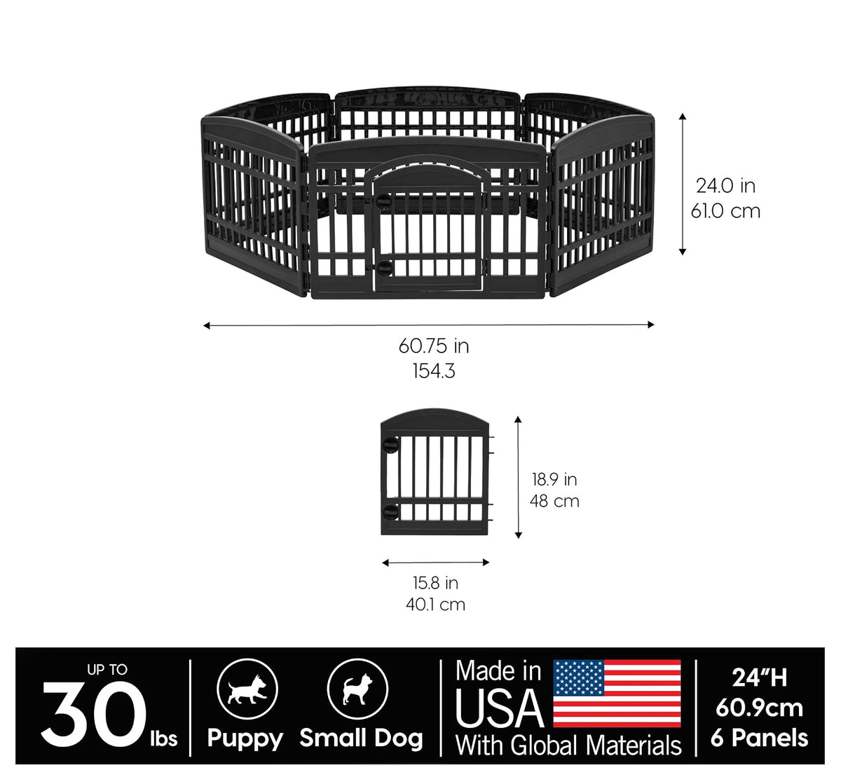 IRIS USA Corral de Ejercicio de 6 Paneles de 61 cm con Puerta, , Mantiene a las Mascotas Seguras, Fácil de Montar y Almacenar, Personalizable, con Patas de Goma Antideslizantes, Negro