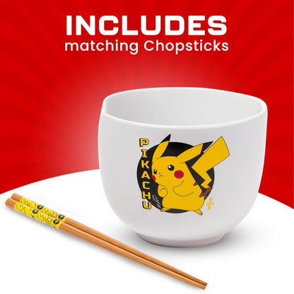 Silver Buffalo Pokemon Pikachu - tazón de arroz con palillos de cerámica para fideos Ramen, apto para microondas, 20 onzas