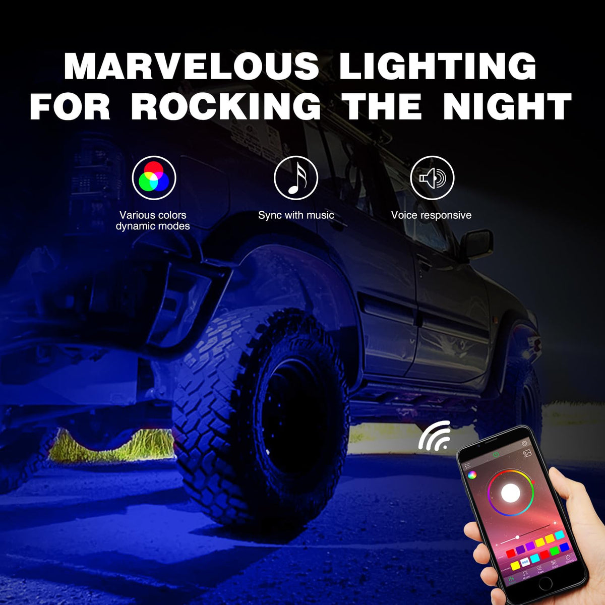 Nilight - Kit de luces LED RGB, 6 cápsulas de neón multicolor con control de aplicación Bluetooth, modo de música intermitente, IP68, luz exterior para camión, ATV, UTV, RZR, SUV