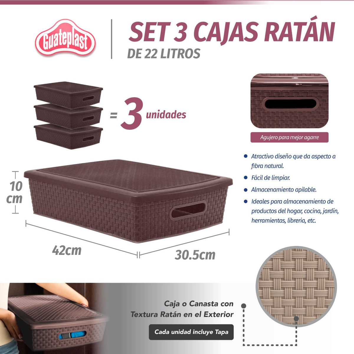 Guateplast - Set de 3 Cestas Plásticas Rectangulares de 12 Litros | Contenedores Plásticos para Organizar el Hogar | Organizadores | Cajas de Plástico | Color Chocolate