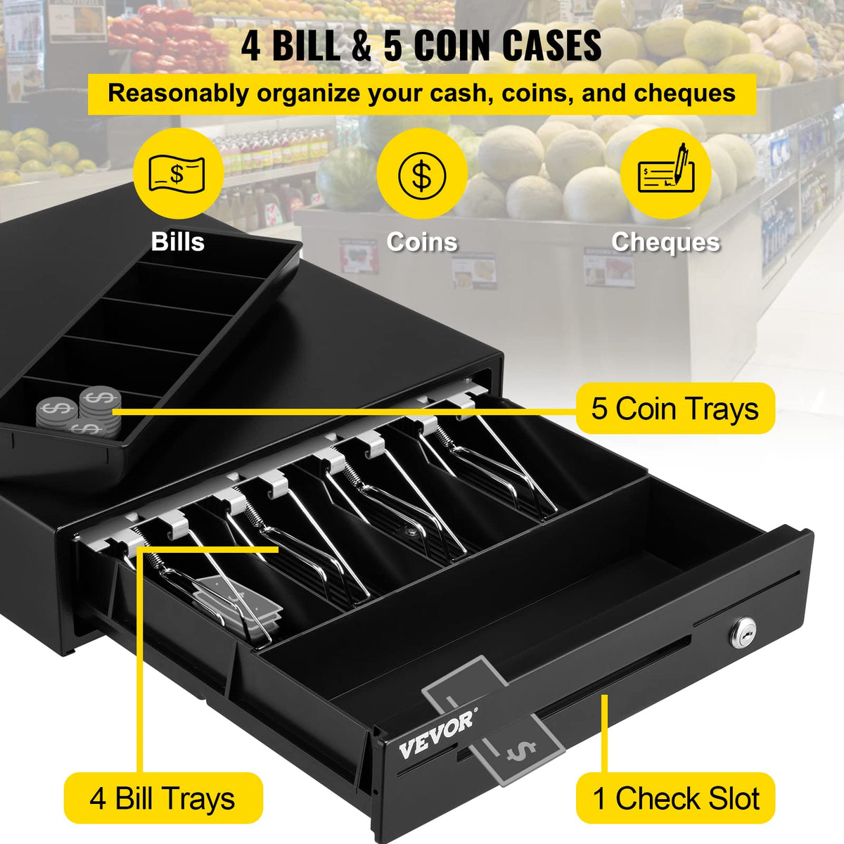 VEVOR Cajón de Efectivo Tipo de Accionamiento 13" Cajón Portamonedas 12V Caja Registradora de Punto de Venta 33,6 x 36,8 x 8 cm Bandeja para Cajón de Dinero Cajón de Caja Registradora Bandeja