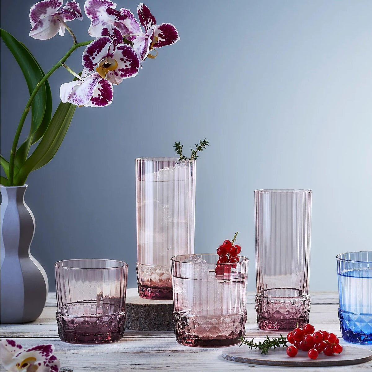 Bormioli Rocco '20s - Juego de 6 vasos DOF, vidrio de vidrio de colores de 12 onzas, rosa lila, fabricado en Italia