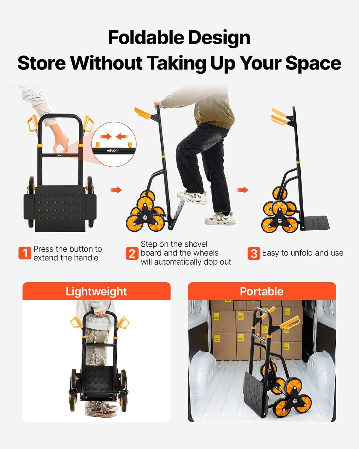VEVOR Carretilla para Subir Escaleras Carga de 200 kg, Carro de Escalera Plegable con Asa Telescópica, 6 Ruedas y 2 Cuerdas Elásticas, para Transporte, Almacén, Centro Comercial, Mudanzas, Oficina