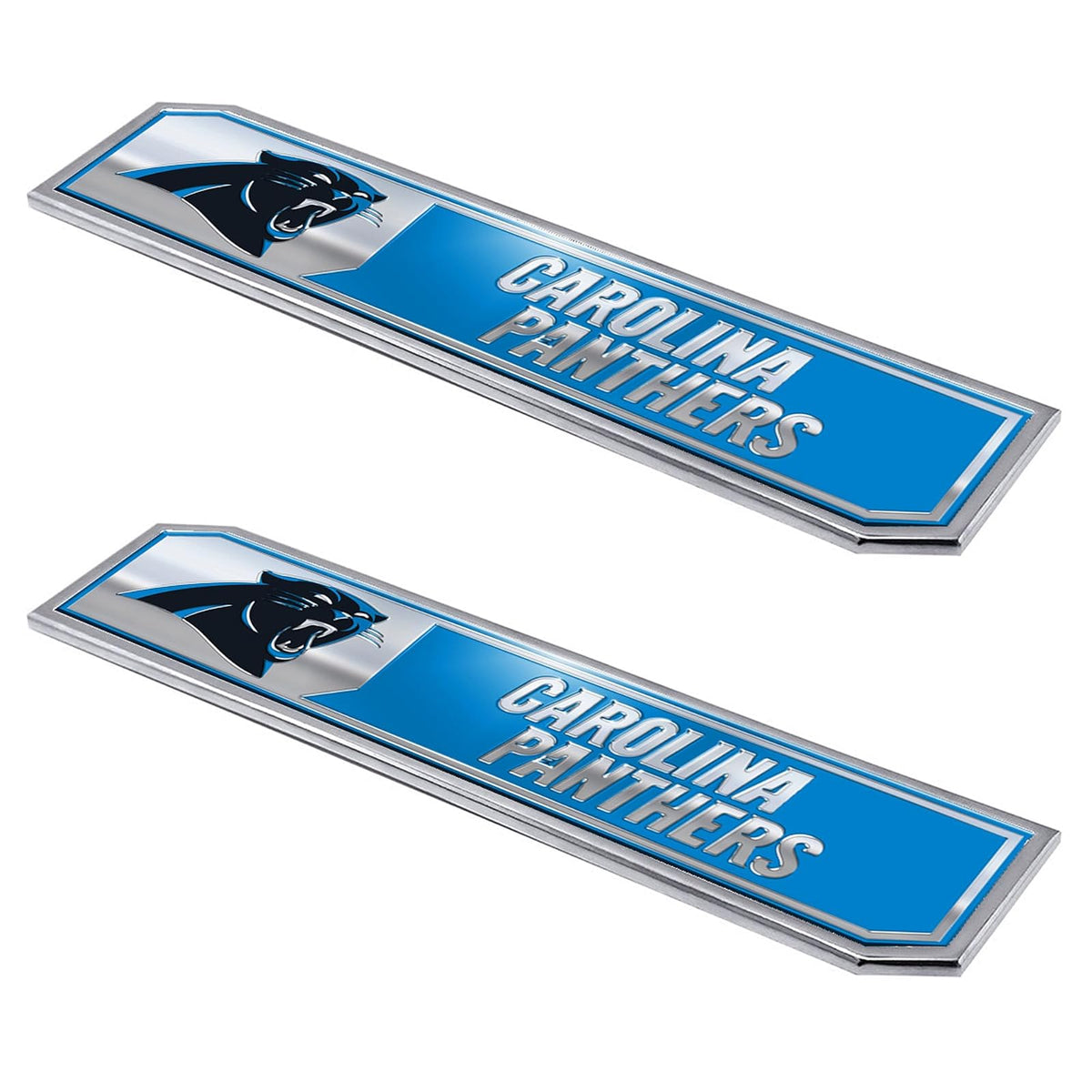 Fanmats NFL - Juego de 2 emblemas de camión de aluminio resistente de Carolina Panthers, azul, 1.75 x 8 pulgadas