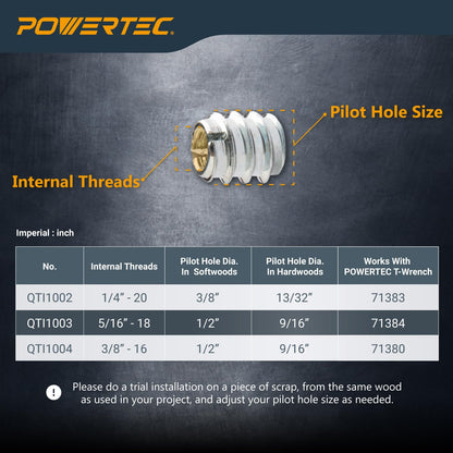 POWERTEC - Insertos de tuerca de 50 1/4 '-20 | Adecuado para madera dura y madera blanda, carpintería y muebles | 11,9 mm de longitud (QTI1002)