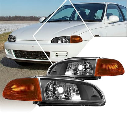 PM PERFORMOTOR PMHL-HCIV-9295-OH-BC Faros Delanteros de Repuesto para Honda Civic 2/3 Puertas 1992-1995, Negro Ámbar