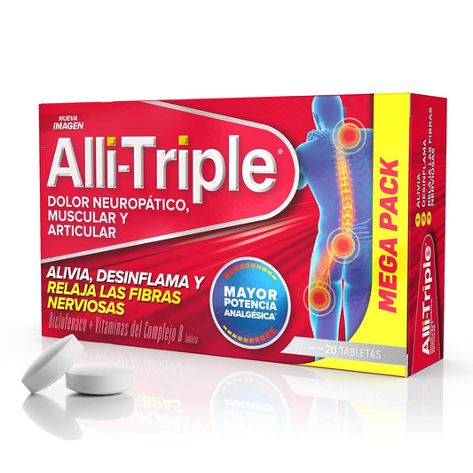 Alliviax ALLITRIPLE Alivio triple: ciática, lumbar y cervical, Alivia el dolor e inflamación de músculos, articulaciones y fibras nerviosas, con diclofenaco y complejo b, Caja con 20 tabletas