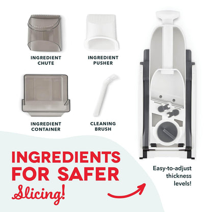 DASH Safe Slice® Cortador de Mandolina, Juliana y Dados para Verduras | 30+ Ajustes de Corte y Grosor | Contenedor y Cepillo Incluidos | Color Gris