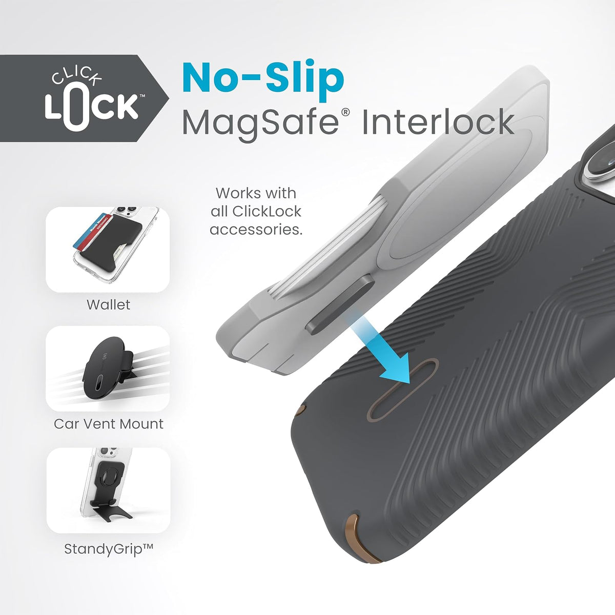 Speck - Funda para iPhone 15 Pro ClickLock con bloqueo antideslizante, construida para MagSafe, agarre de protección contra caídas, resistente a los arañazos, tacto suave, funda para teléfono de 6.1 pulgadas, agarre Presidio2 gris carbón/bronce frío/blanc