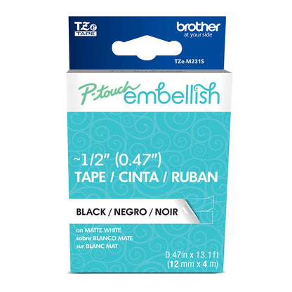 Brother P-touch TZEM231S TZEM231S - TZE-M231S - Cinta decorativa de color negro y blanco mate - ~½" de ancho x 13.1 pies de largo para usar con cinta de adorno P-touch y impresora de cinta, TZE-M231S