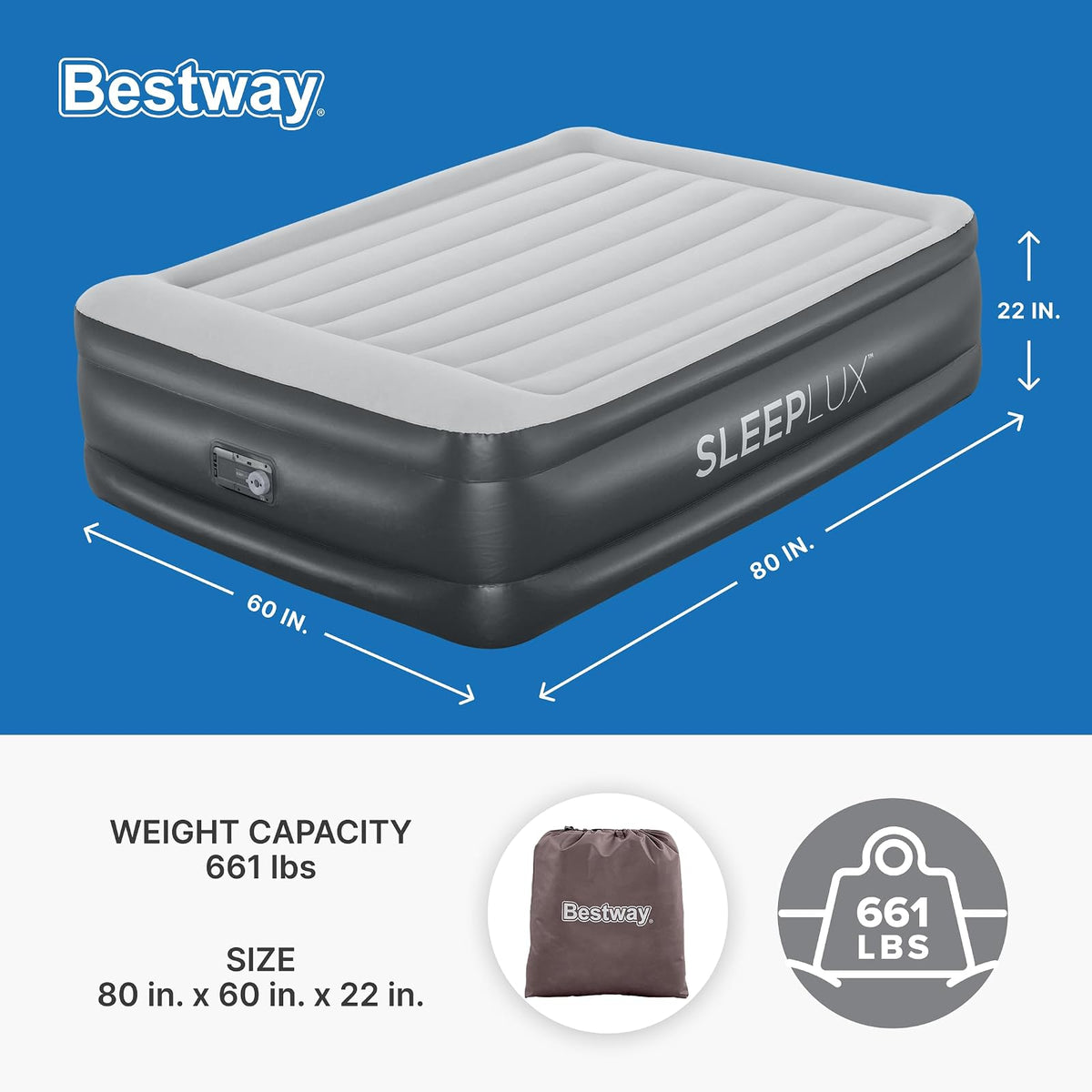 SLEEPLUX Colchón de Aire Inflable Duradero con Bomba integrada, Almohada y Cargador USB, 22 Pulgadas de Alto tamaño Queen